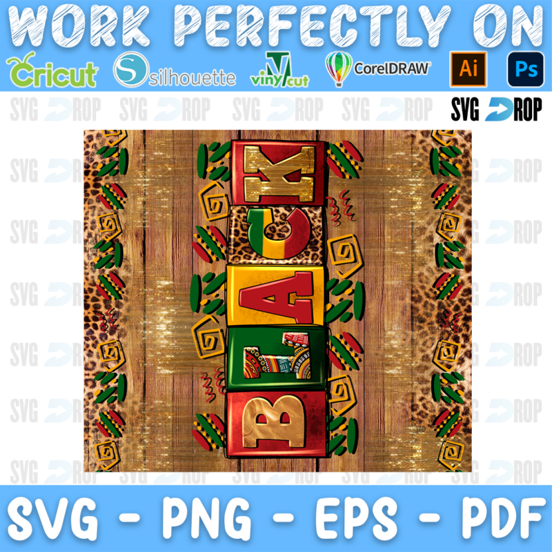 A Juneteenth sublimation panel: BLACK spelled vertically in gold, red, green and leopard block tiles over a wood grain background. Sublimation PNG