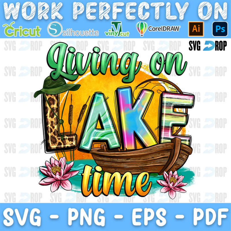 A summer lake sublimation design: Living On in green script, LAKE in leopard and tie dye letters and time in gold script. Sublimation PNG