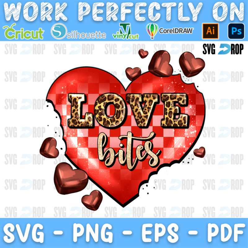 Love Bites lettering in leopard and script on a red checkered bitten heart with chocolate hearts. Sublimation PNG