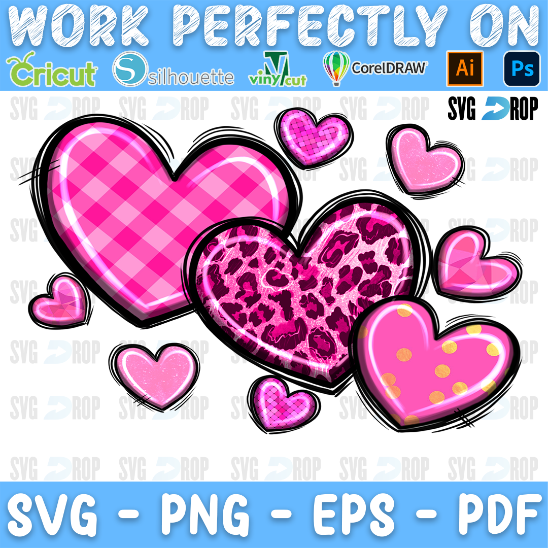 Pink plaid, pink leopard and polka dot hearts. Sublimation PNG