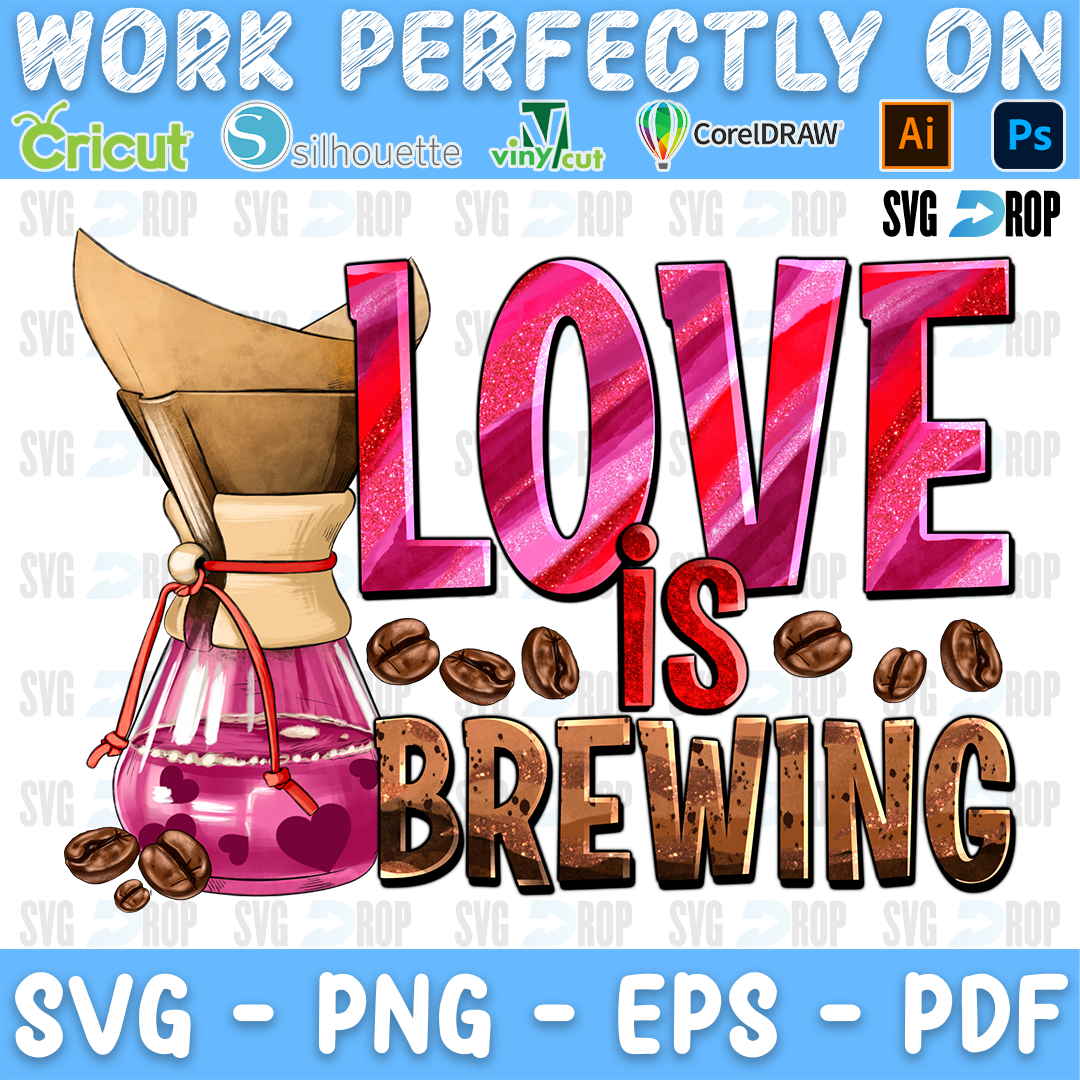 A coffee themed Valentine design: a pour over coffee maker full of pink coffee, coffee beans and hearts beside glossy pink and brown. Sublimation PNG