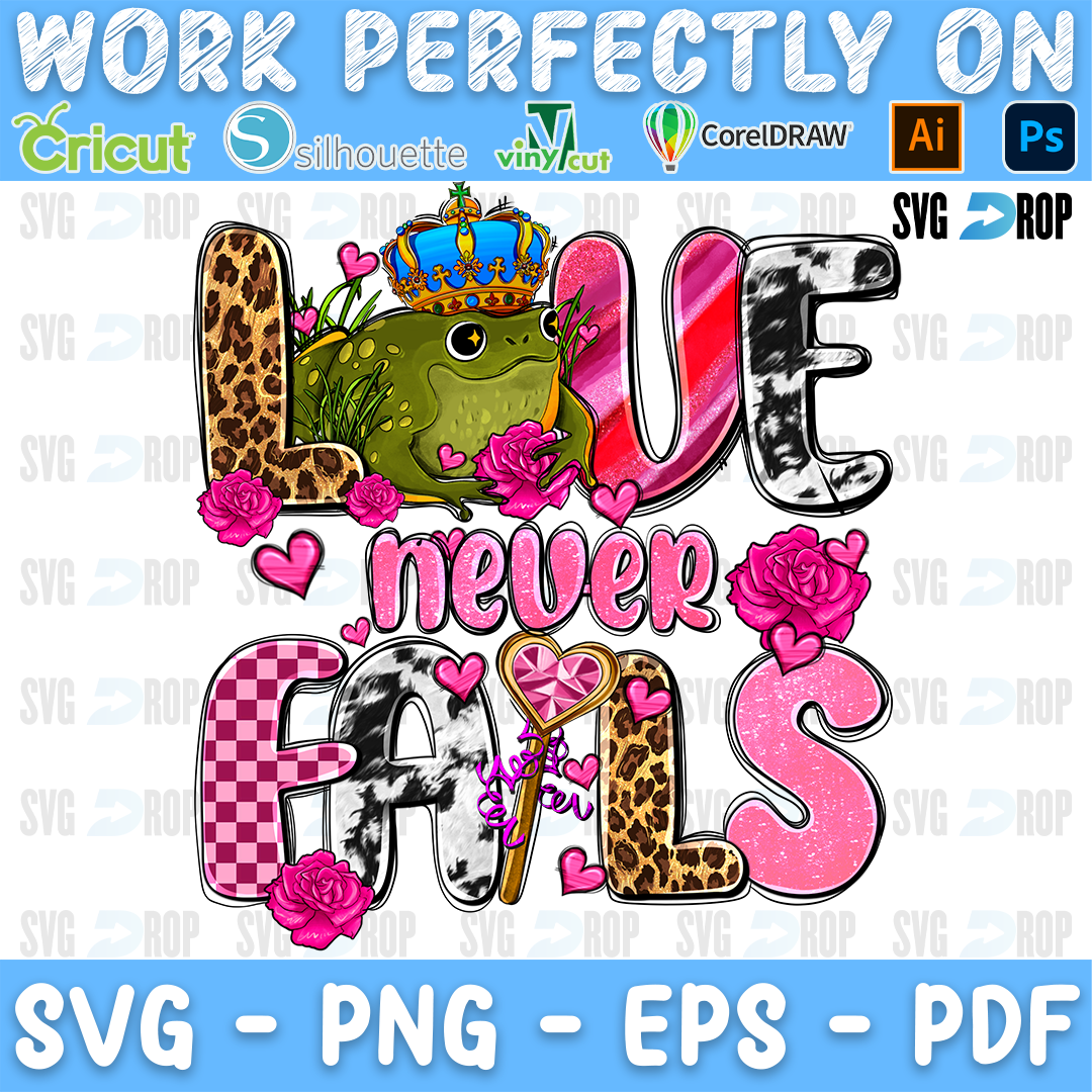 Love Never Fails lettering in leopard, pink and cowhide letters with a frog prince in a crown and pink roses. Sublimation PNG