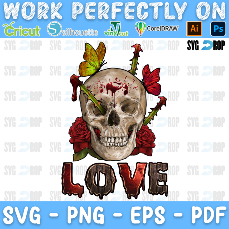 A skull with red roses, thorny stems and butterflies above Love lettering in dark red letters. Sublimation PNG