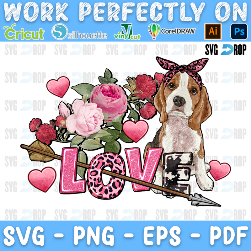 Love lettering in pink leopard and cowhide letters with a beagle in a bandana, pink roses and an arrow. Sublimation PNG
