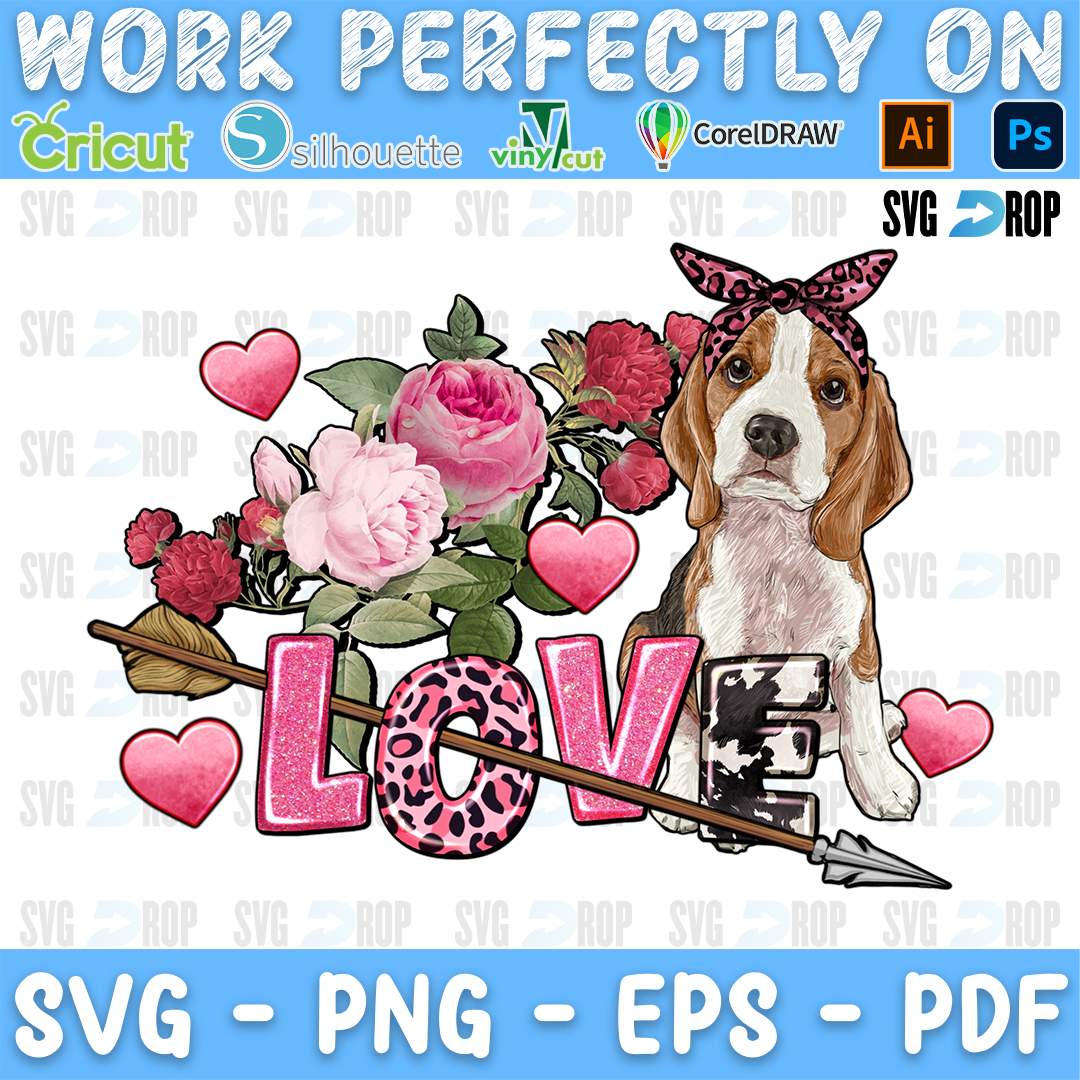 Love lettering in pink leopard and cowhide letters with a beagle in a bandana, pink roses and an arrow. Sublimation PNG