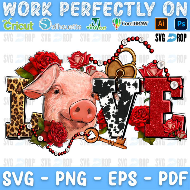 LOVE in leopard, cowhide and red glitter letters with a pig, red roses, a heart lock and pearls. Sublimation PNG