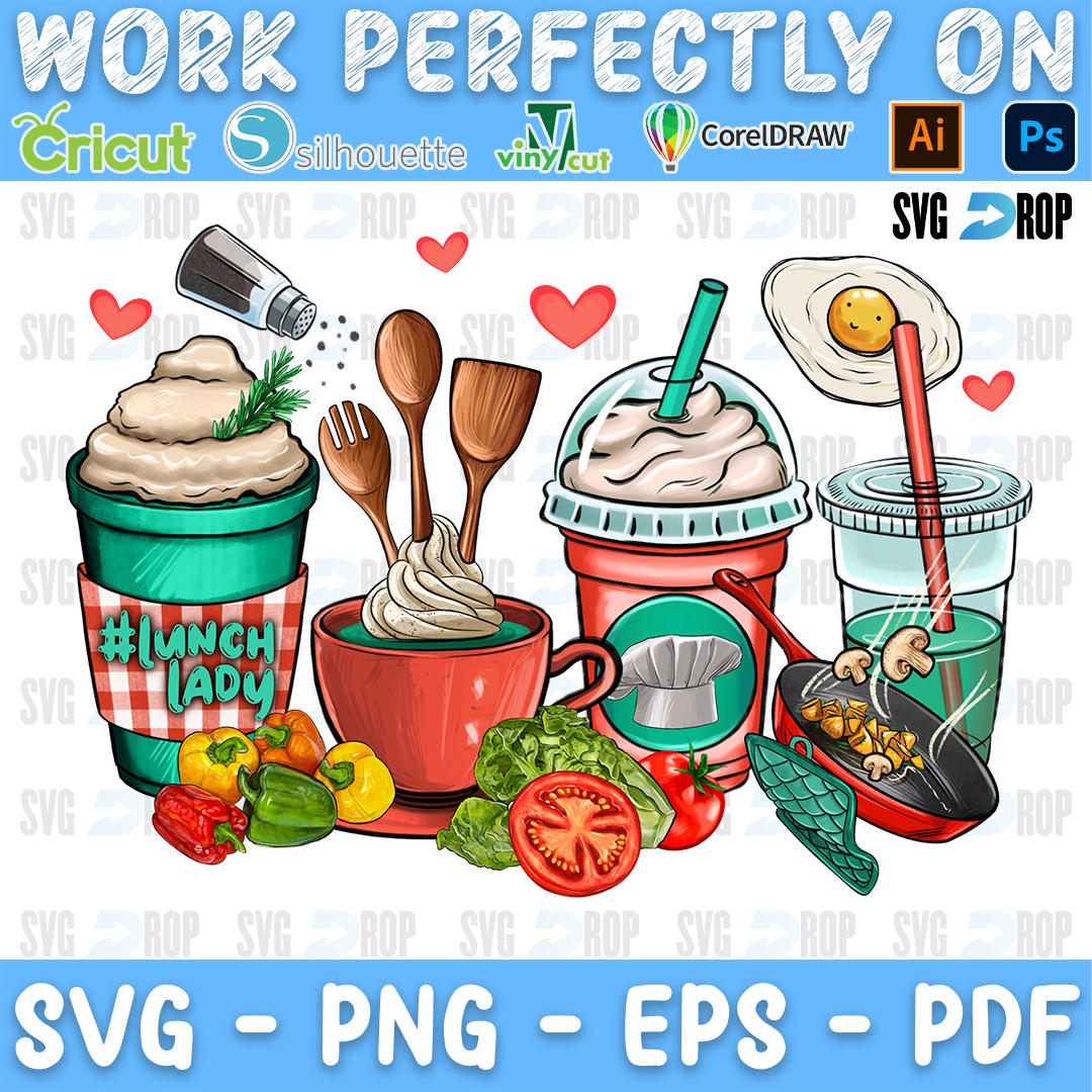 Lunch Lady coffee cups with cooking utensils, vegetables, a frying pan and a fried egg. Sublimation PNG