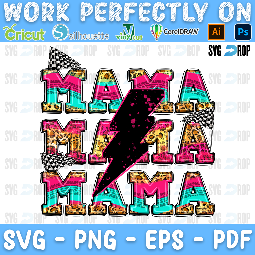 A mama sublimation design: Mama written three times in pink, teal and leopard letters with checkered flags and a black glitter. Sublimation PNG