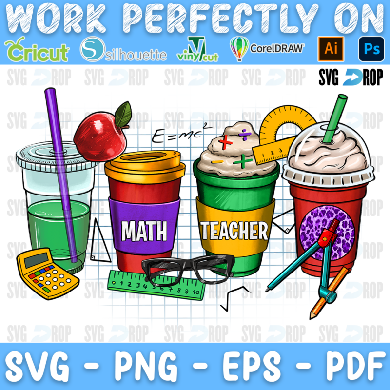 Math Teacher coffee cups with an apple, a calculator, rulers, glasses and math formulas. Sublimation PNG