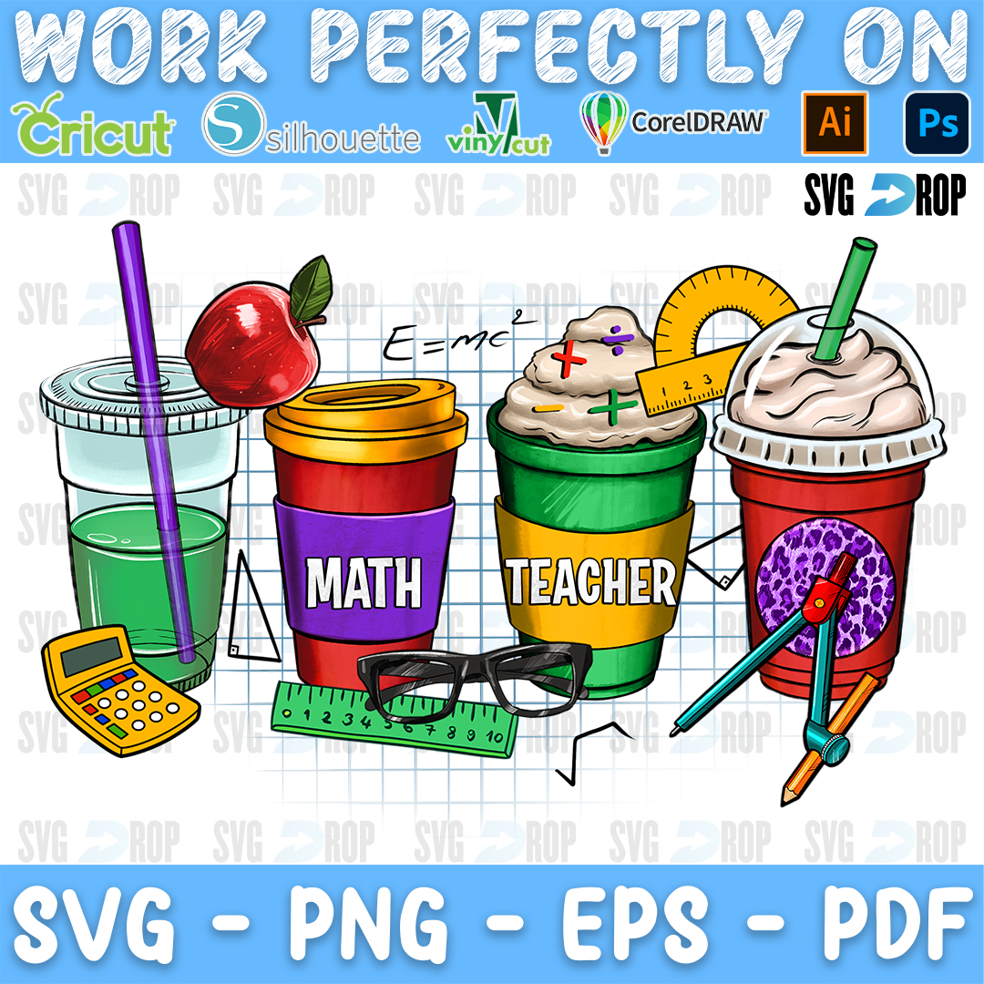 Math Teacher coffee cups with an apple, a calculator, rulers, glasses and math formulas. Sublimation PNG