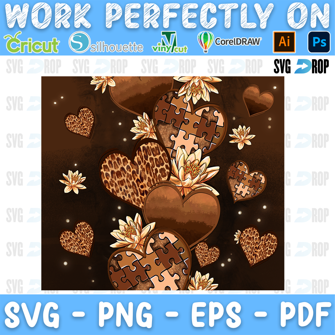 A melanin themed sublimation panel: brown hearts in chocolate, leopard and puzzle patterns with cream flowers, scattered over a dark. Sublimation PNG