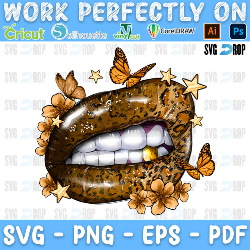 Brown leopard print lips with white teeth and a gold tooth among flowers, butterflies and stars. Sublimation PNG
