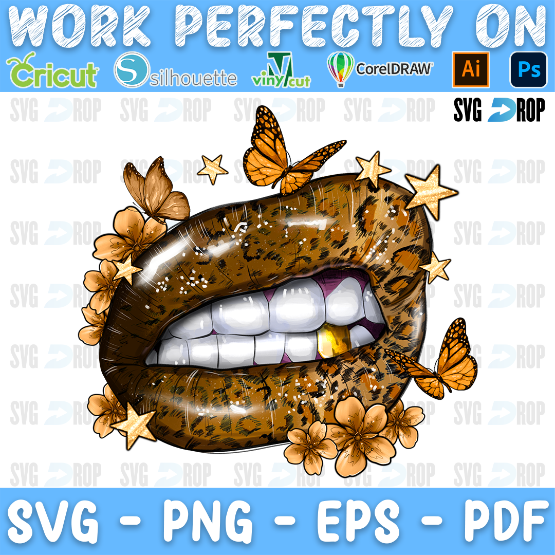 Brown leopard print lips with white teeth and a gold tooth among flowers, butterflies and stars. Sublimation PNG