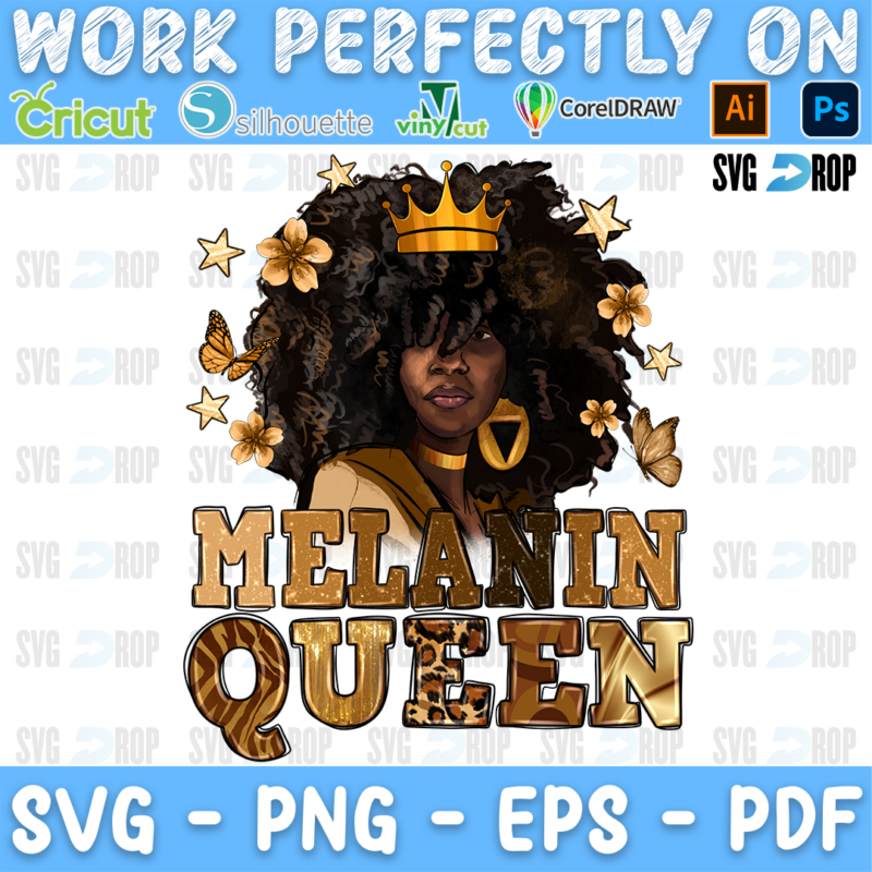 A Black woman with an afro and a gold crown among flowers above Melanin Queen lettering in brown and leopard letters. Sublimation PNG