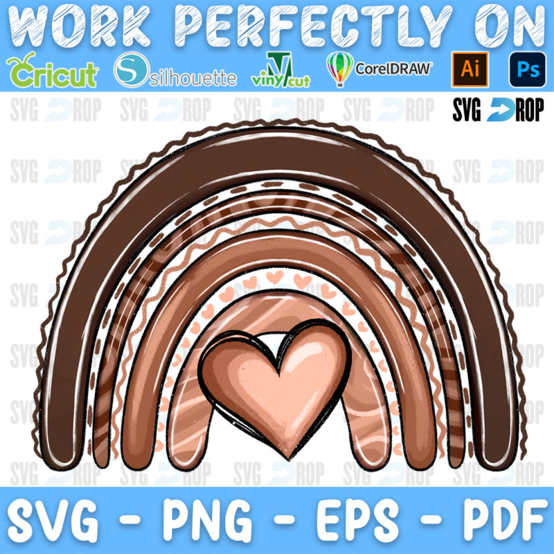 A brown boho rainbow in skin tone shades with a heart. Sublimation PNG