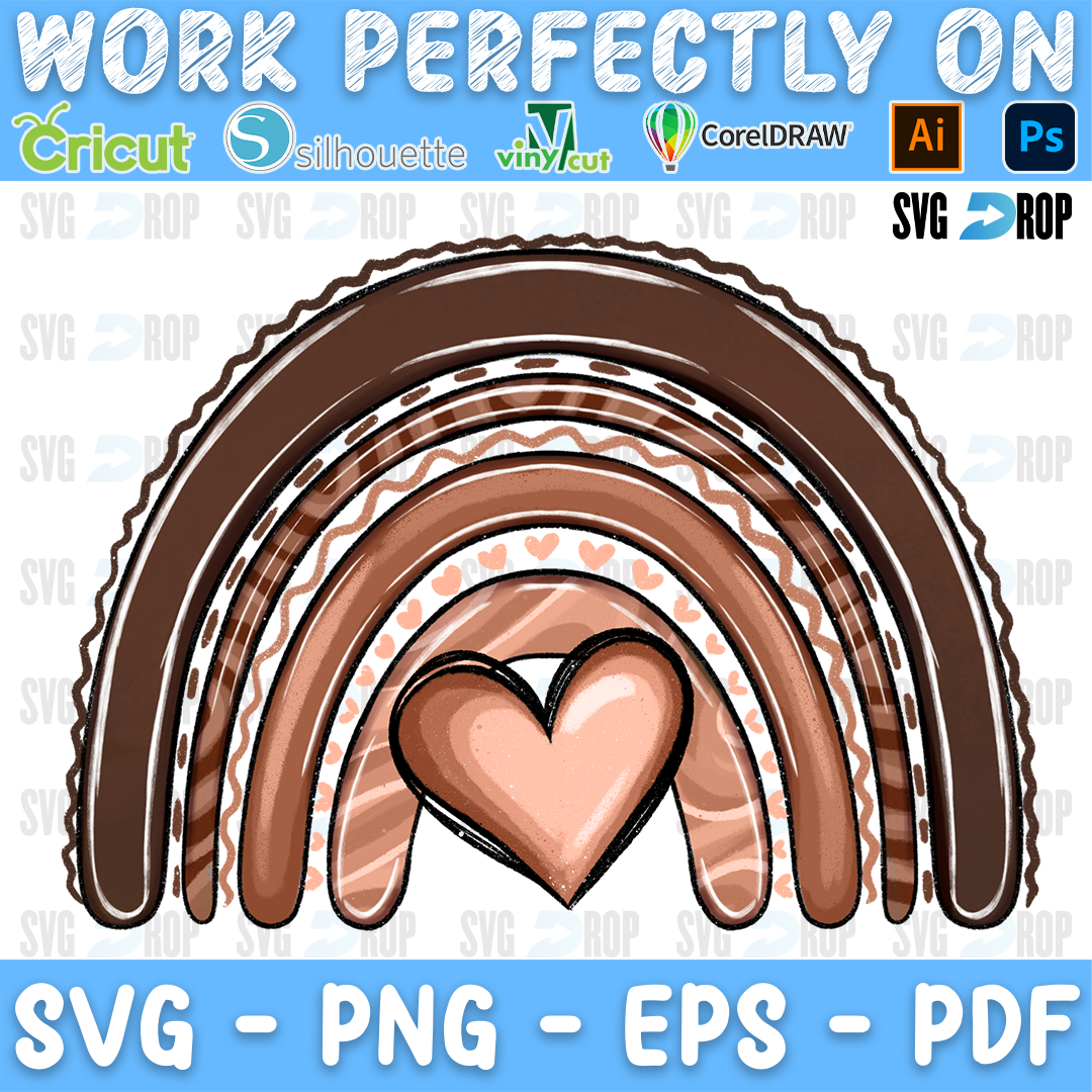 A brown boho rainbow in skin tone shades with a heart. Sublimation PNG