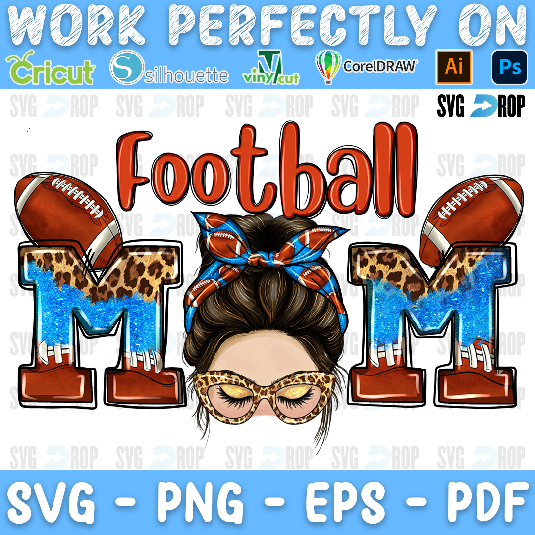 Football Mom lettering in red script and leopard, blue glitter letters with a messy bun mom in a bandana and footballs. Sublimation PNG