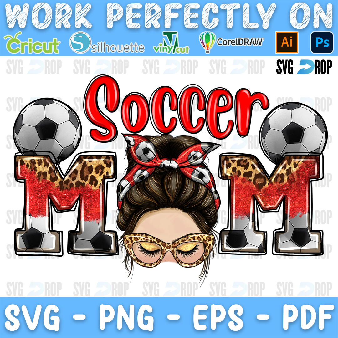 Soccer Mom lettering in red script and leopard, red letters with a messy bun mom in a bandana and soccer balls. Sublimation PNG