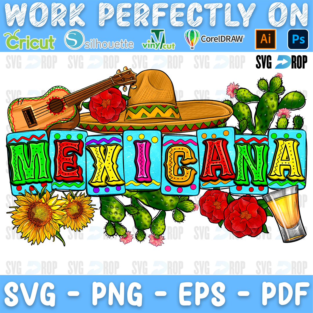 Mexicana lettering in colorful papel picado tiles with a sombrero, a guitar, cactus, red roses, sunflowers and a tequila shot. Sublimation PNG