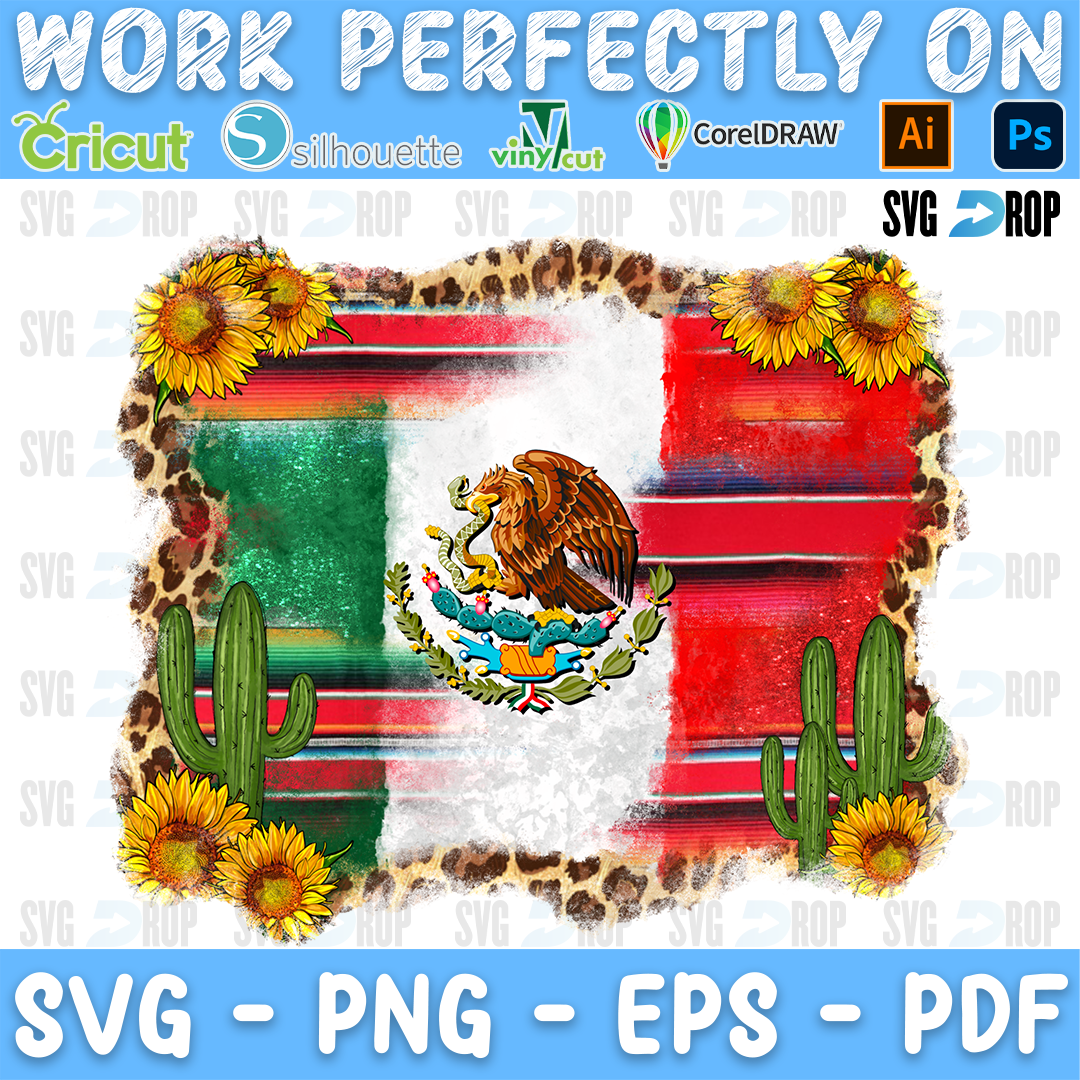 A Mexico flag sublimation design: the green, white and red flag with the eagle emblem, framed by sunflowers, cactus, leopard print. Sublimation PNG