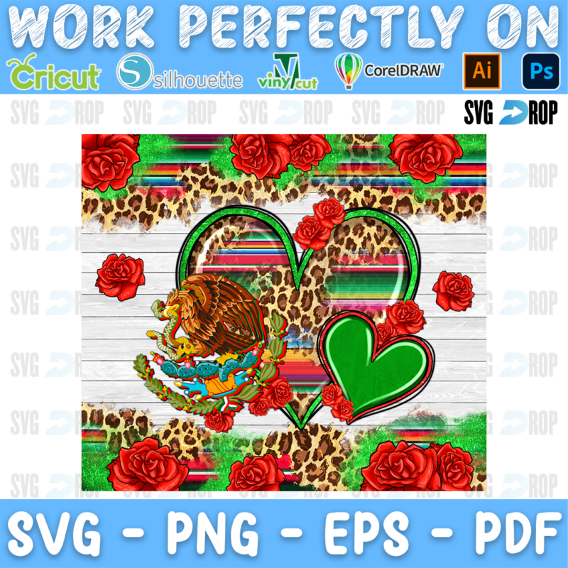 A Mexican pride sublimation panel: green, serape and leopard hearts with the Mexican eagle and red roses, over a wood and leopard. Sublimation PNG