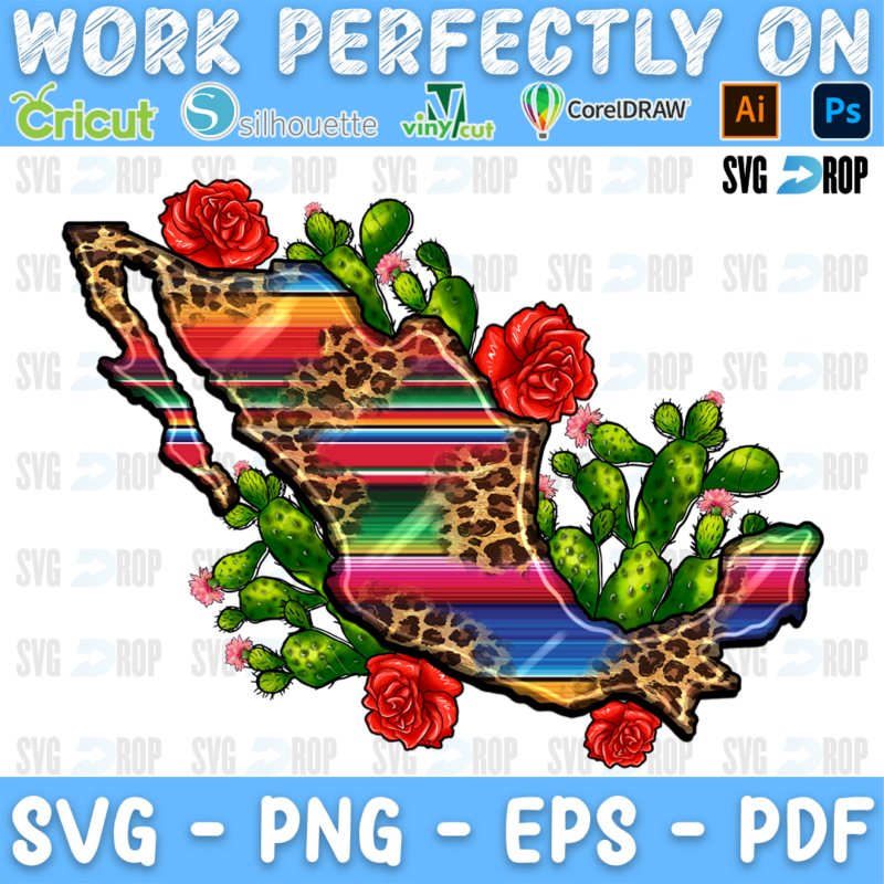 A map of Mexico in serape and leopard print with cactus and red roses. Sublimation PNG