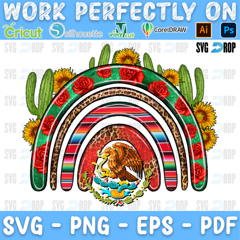 A serape, leopard and green rainbow with the Mexican eagle emblem, cactus, red roses and sunflowers. Sublimation PNG