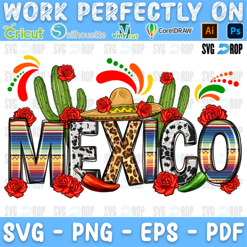A Mexico sublimation design: Mexico in serape, leopard and cowhide letters with a sombrero, cactus, red roses, a chili pepper. Sublimation PNG