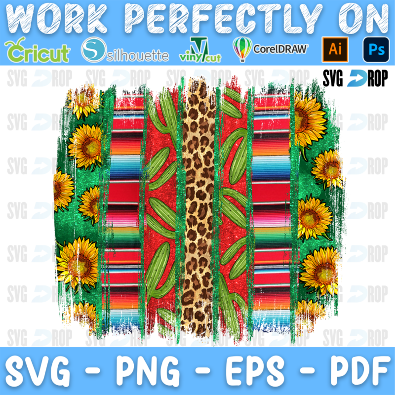 Serape stripes with leopard print, green cactus and sunflower borders. Sublimation PNG