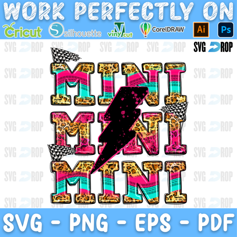 Stacked MINI lettering in pink, turquoise and leopard letters with a lightning bolt and checkered flags. Sublimation PNG