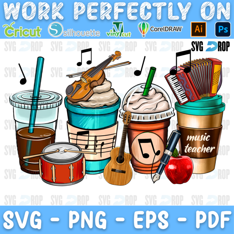 Music Teacher coffee cups with a violin, an accordion, a guitar, a drum, music notes and an apple. Sublimation PNG