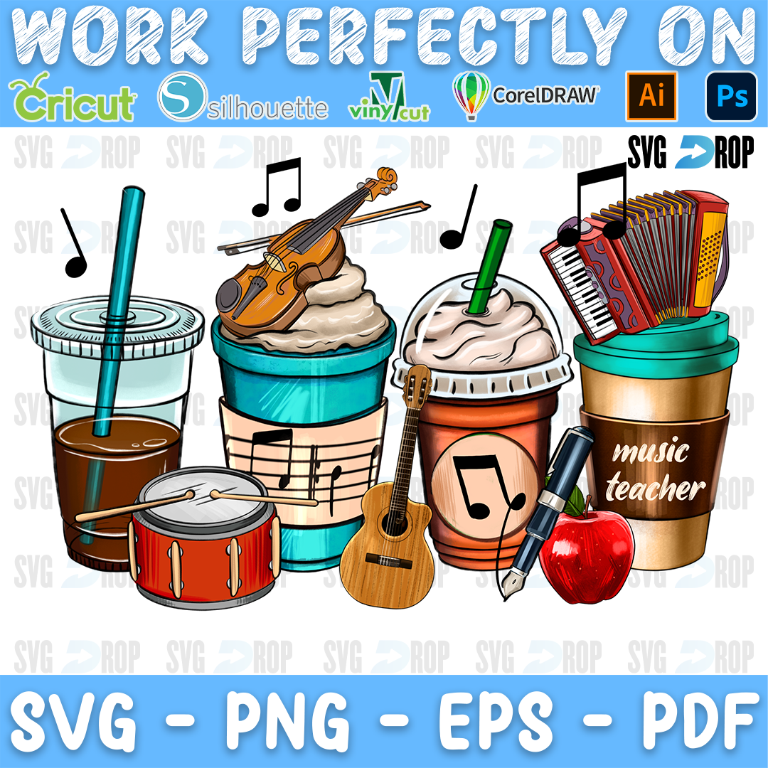 Music Teacher coffee cups with a violin, an accordion, a guitar, a drum, music notes and an apple. Sublimation PNG