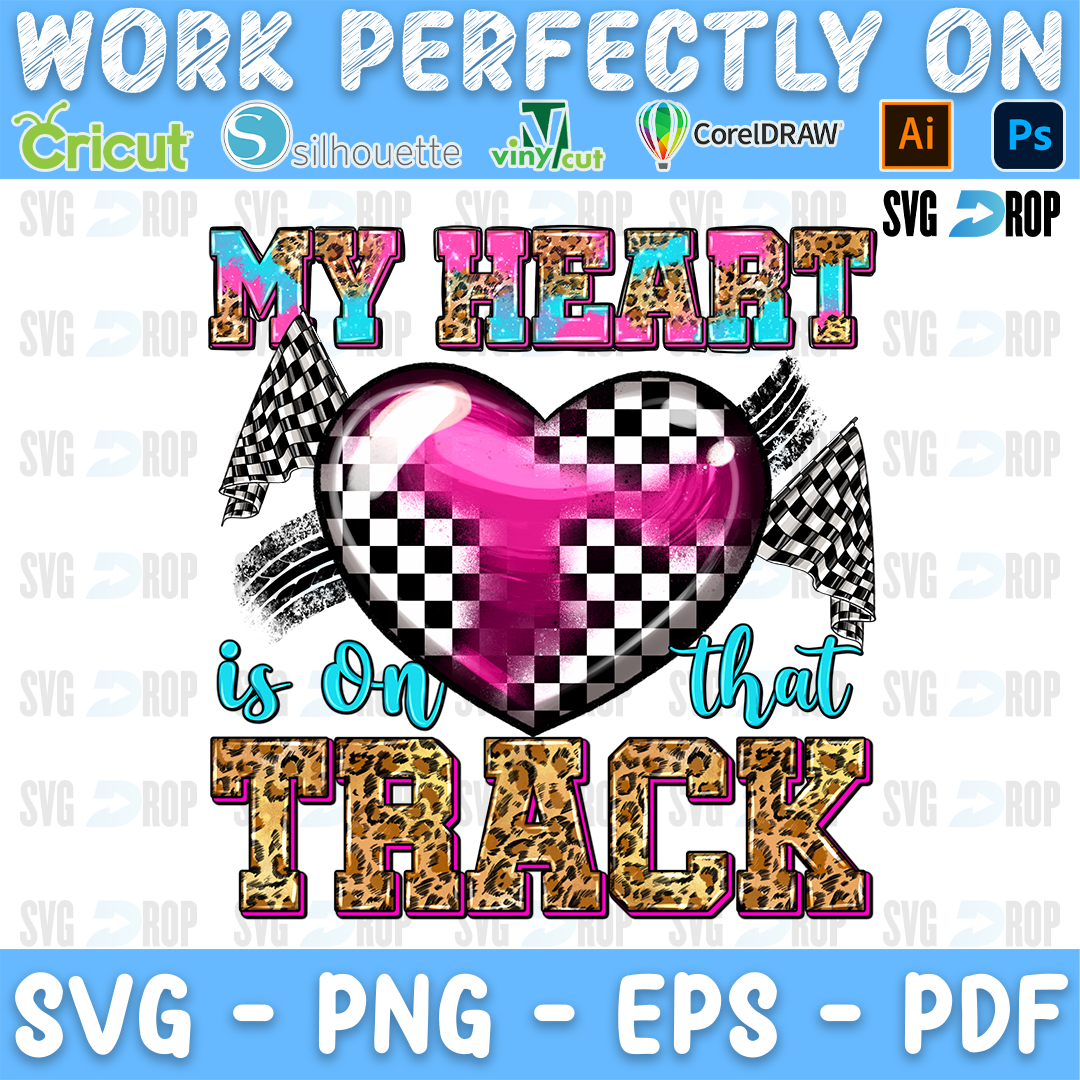 My Heart is on That Track lettering in pink and leopard letters with a pink checkered heart and racing flags. Sublimation PNG