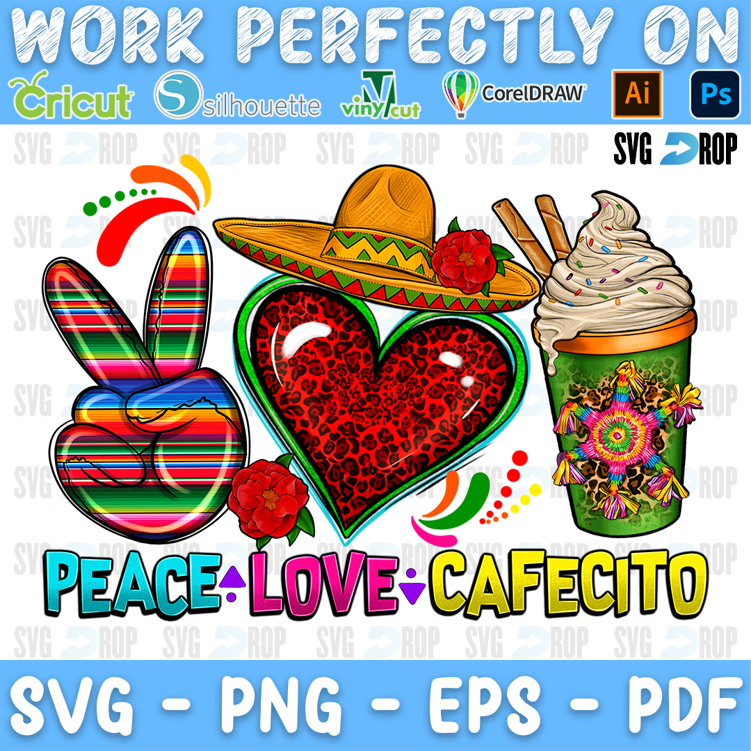 Peace Love Cafecito lettering with a serape peace sign, a red sequin heart under a sombrero and an iced coffee. Sublimation PNG
