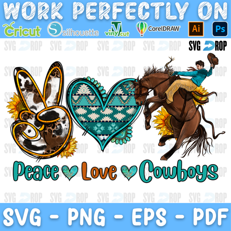 A western sublimation design: a peace sign hand with sunflowers and cowhide, a turquoise aztec heart and a bronc rider, with Peace. Sublimation PNG