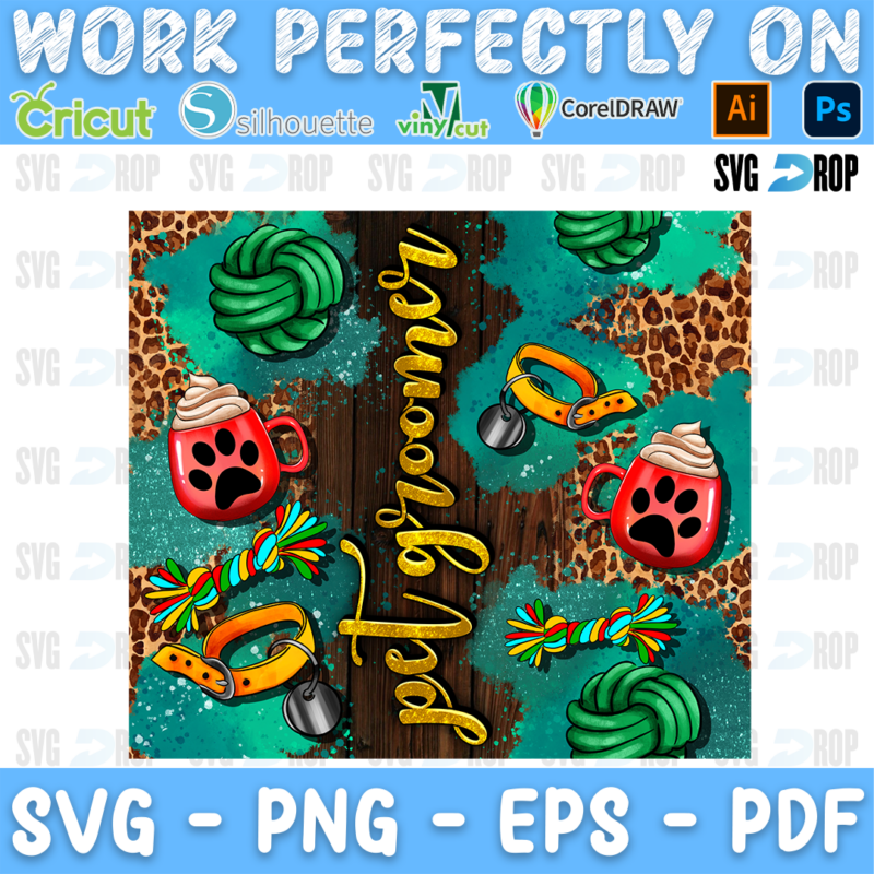 Pet Groomer lettering in gold script on wood with paw print mugs, rope toys and collars on turquoise and leopard. Sublimation PNG