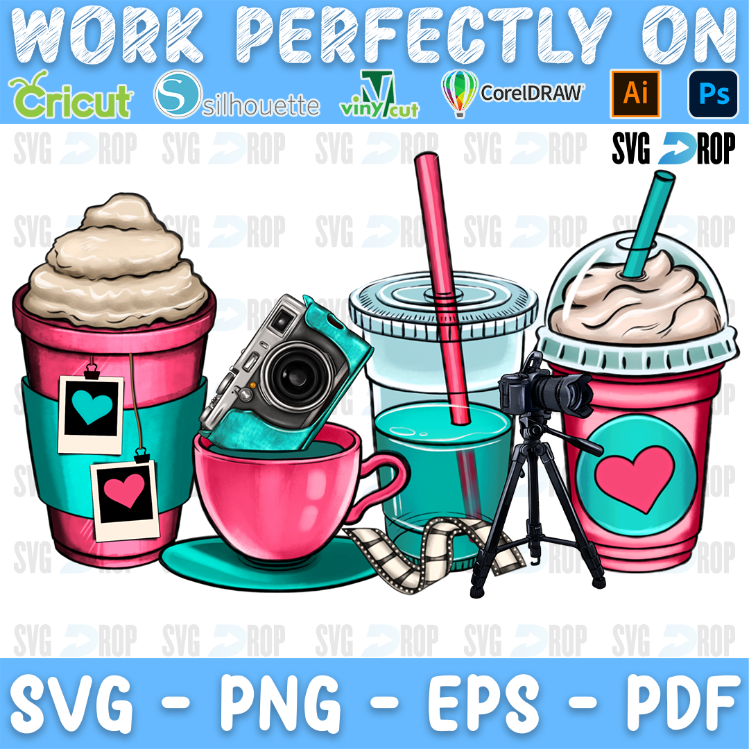 Photography coffee cups in pink and turquoise with a camera, a tripod, photos and film. Sublimation PNG