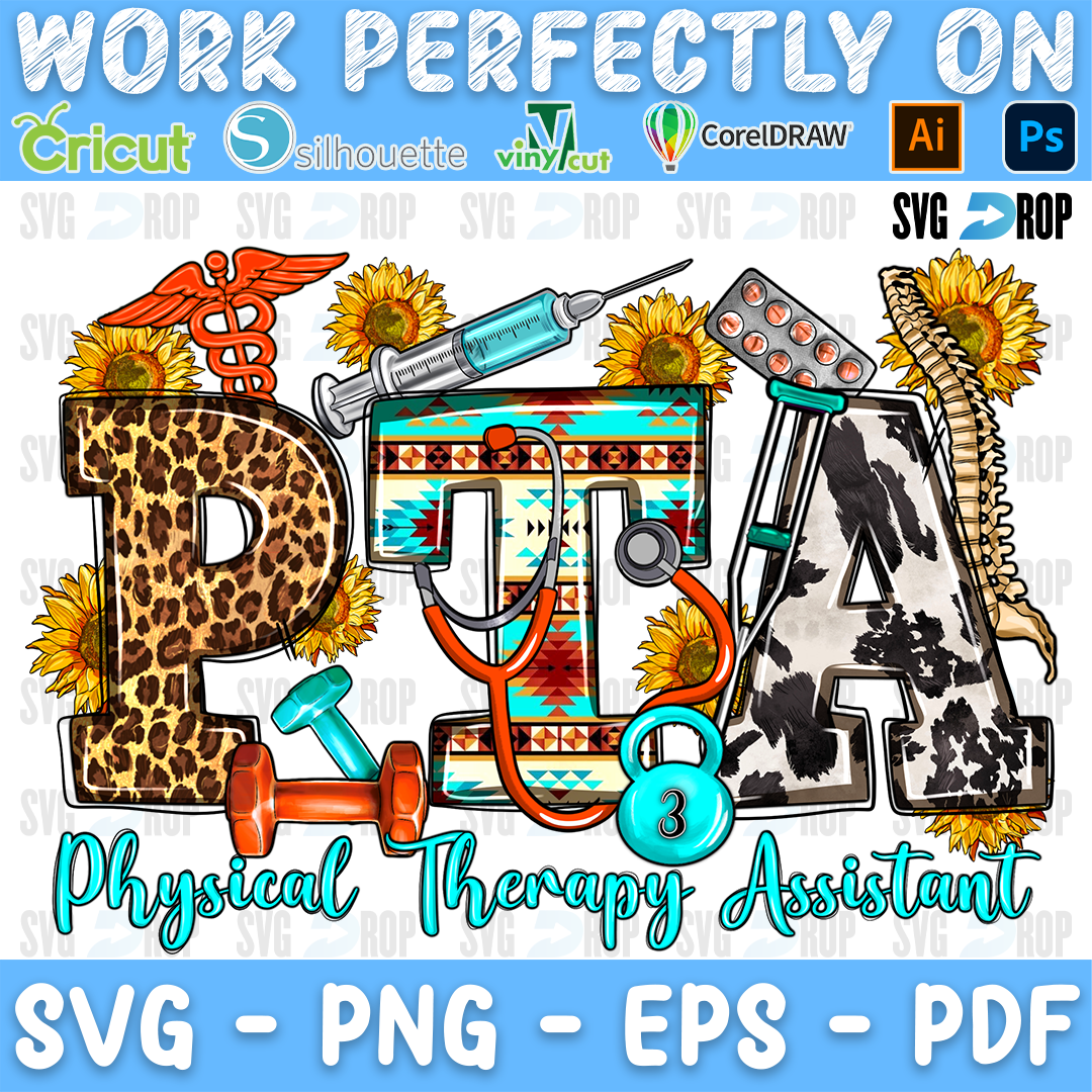 A physical therapy assistant design: PTA in leopard, turquoise and cowhide letters with a spine, syringe, kettlebell, dumbbell. Sublimation PNG