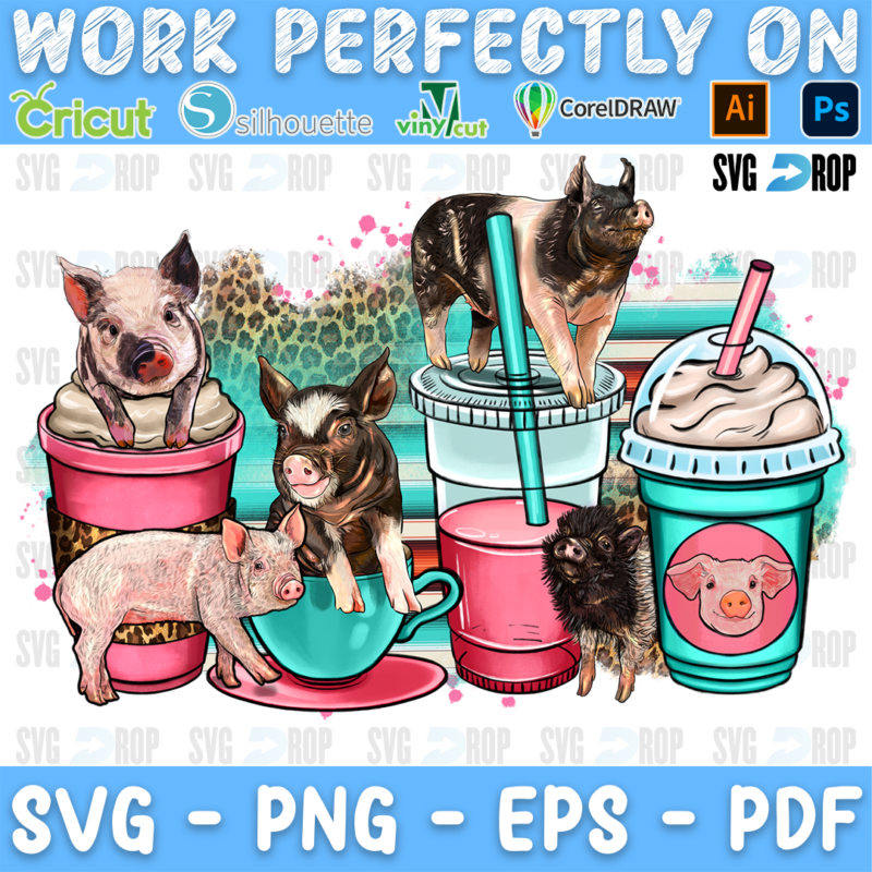 Pigs sitting in pink and turquoise coffee cups and iced drinks. Sublimation PNG