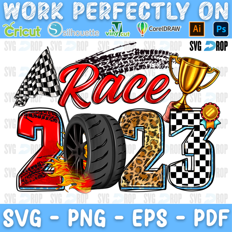 Race 2023 lettering in red script and red, leopard, checkered numbers with a tire, flames, a trophy and checkered flags. Sublimation PNG