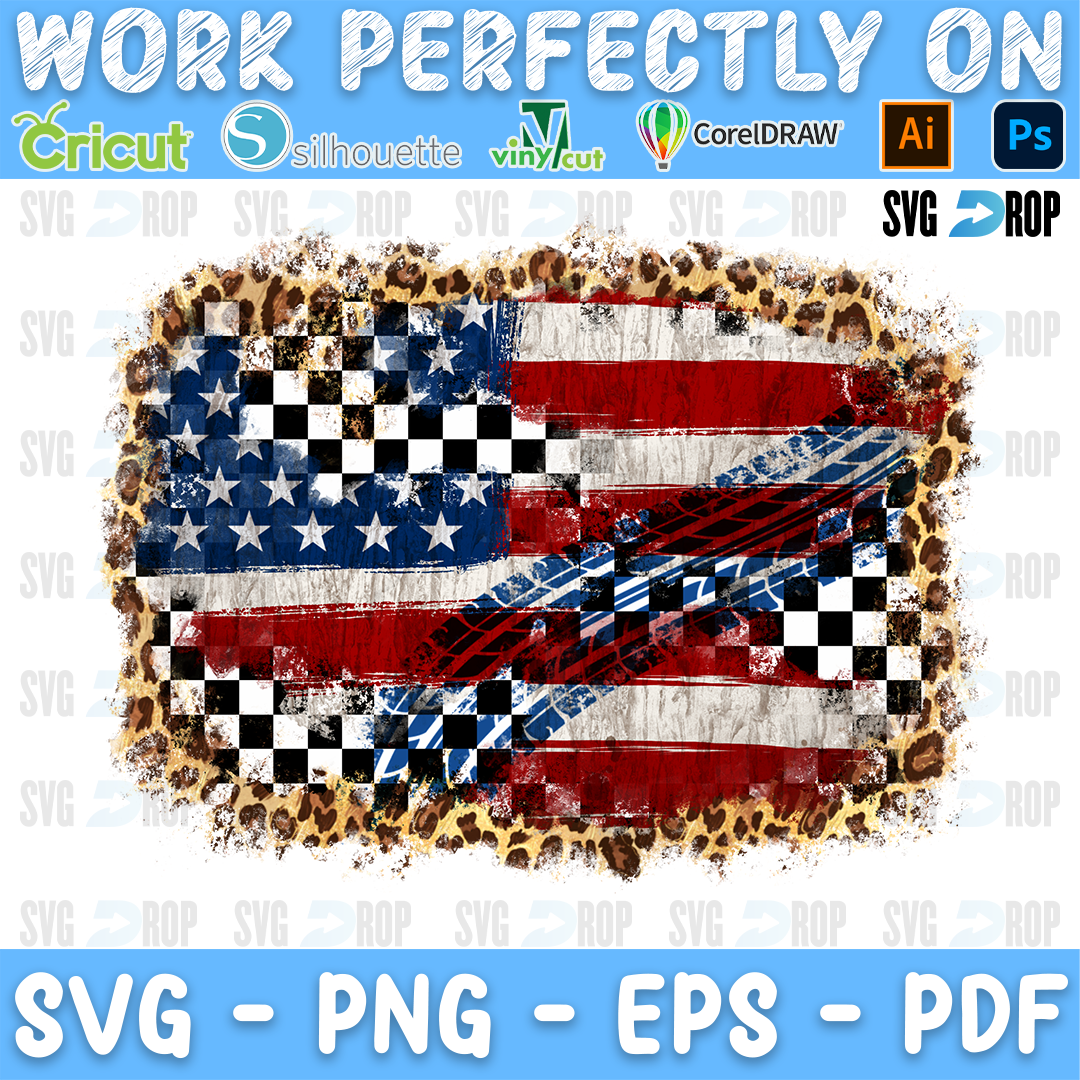 An American flag with a checkered racing flag and a blue tire track on a leopard print splash. Sublimation PNG