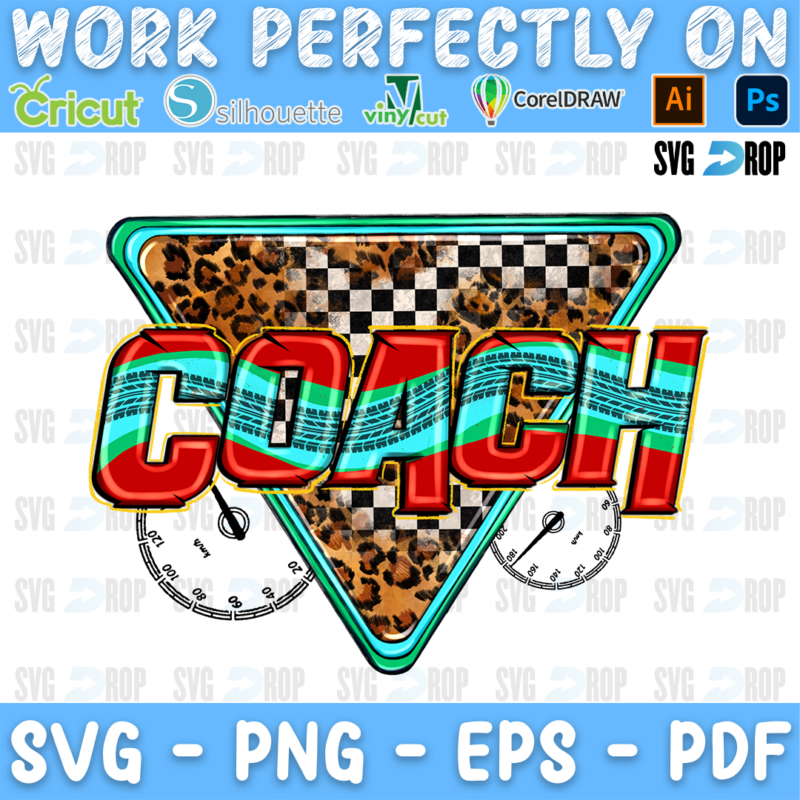 Coach lettering in red and turquoise letters on a leopard and checkered triangle with gauges. Sublimation PNG