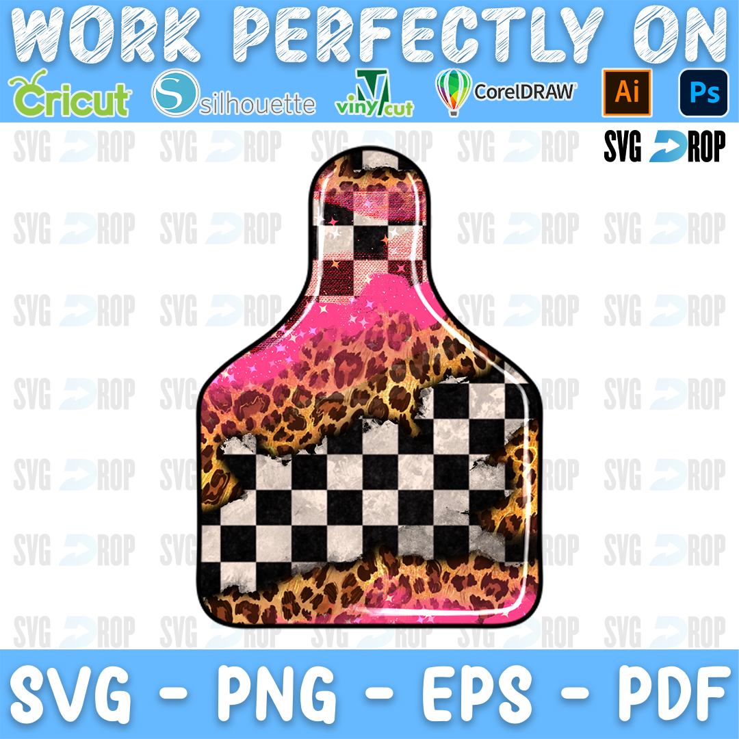 A cow ear tag shaped racing design filled with a black and white checkered flag, pink leopard print and brown leopard print. Sublimation PNG