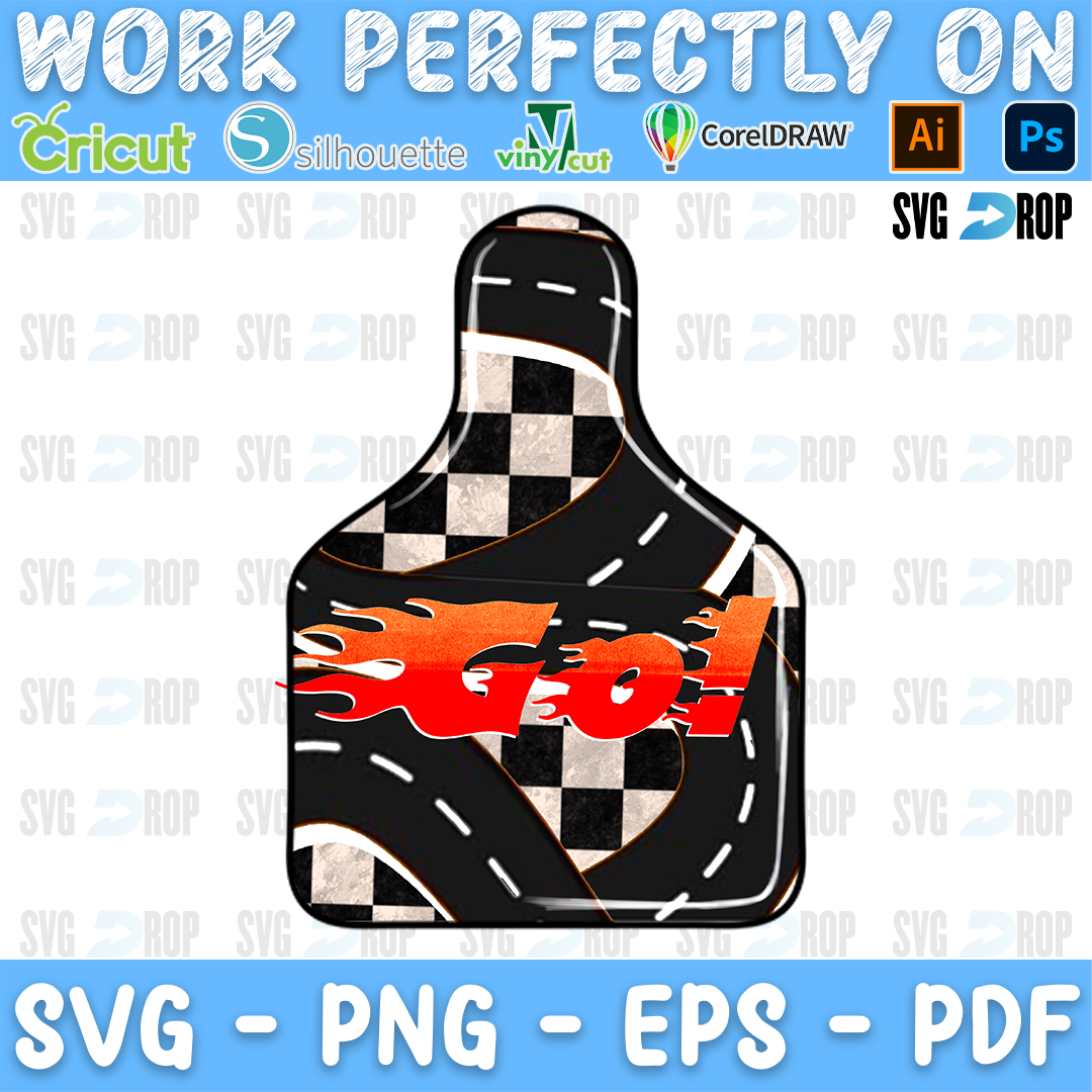 A cow ear tag shaped racing design with a checkered flag top, a black racetrack with white lines and a flaming red Go lettering. Sublimation PNG