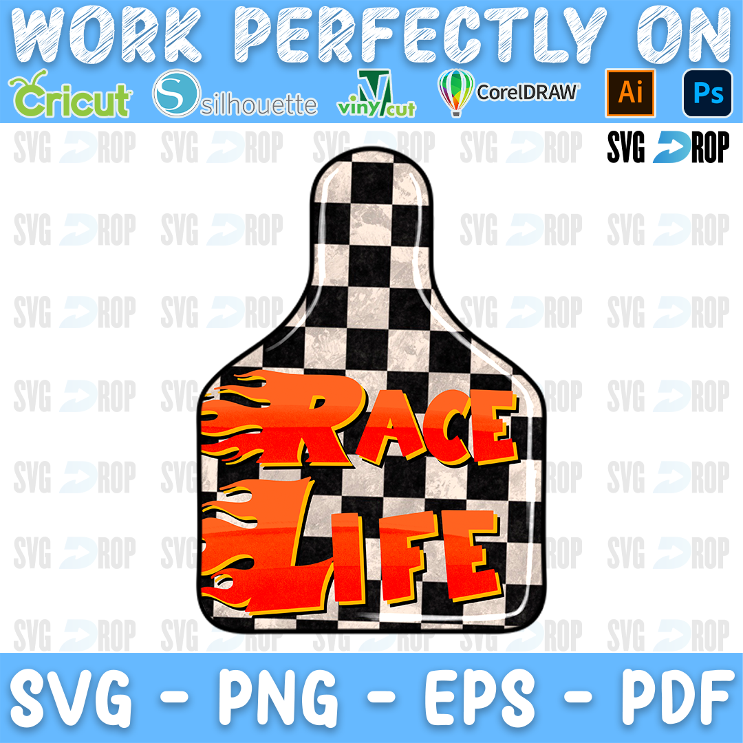 A cow ear tag shaped racing design with a black and white checkered flag background and flaming orange Race Life lettering. Sublimation PNG