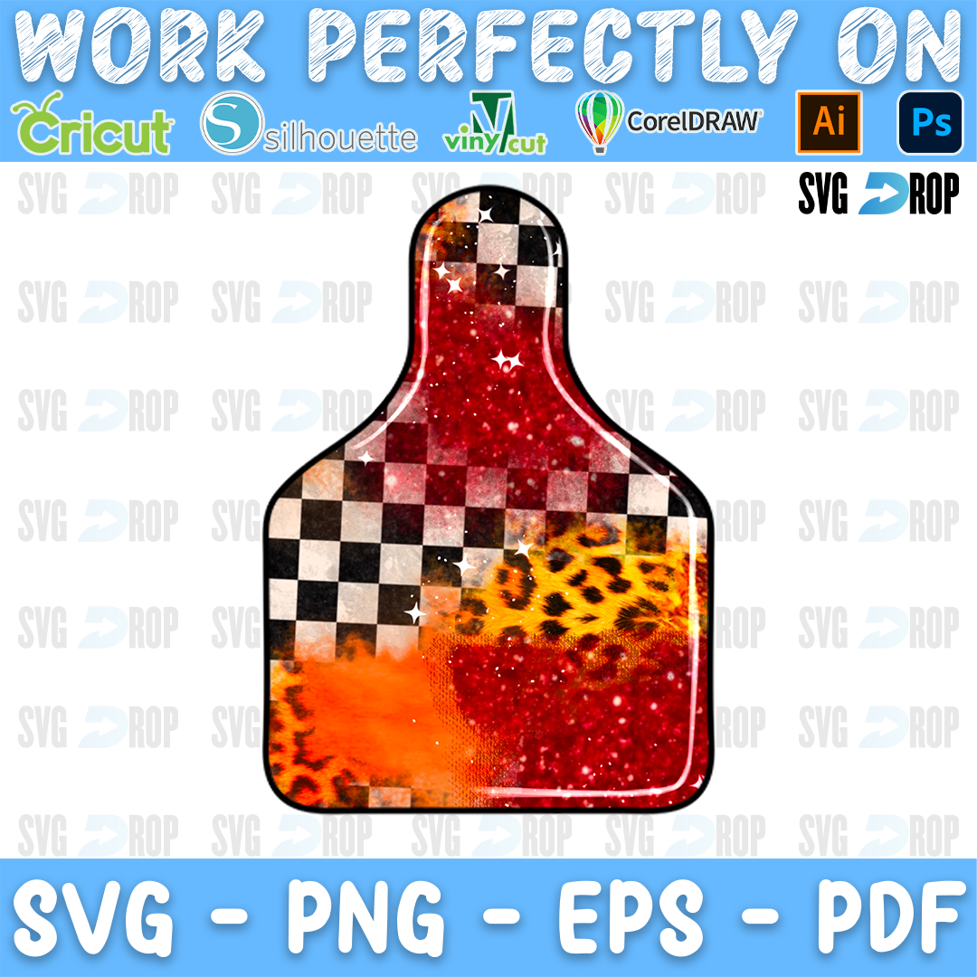 A cow ear tag shaped racing design filled with red glitter, a checkered flag band, leopard print and orange paint. Sublimation PNG