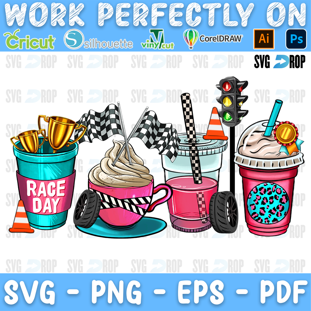 Racing themed coffee cups and drinks with checkered flags, a trophy, traffic cones and a traffic light. Sublimation PNG