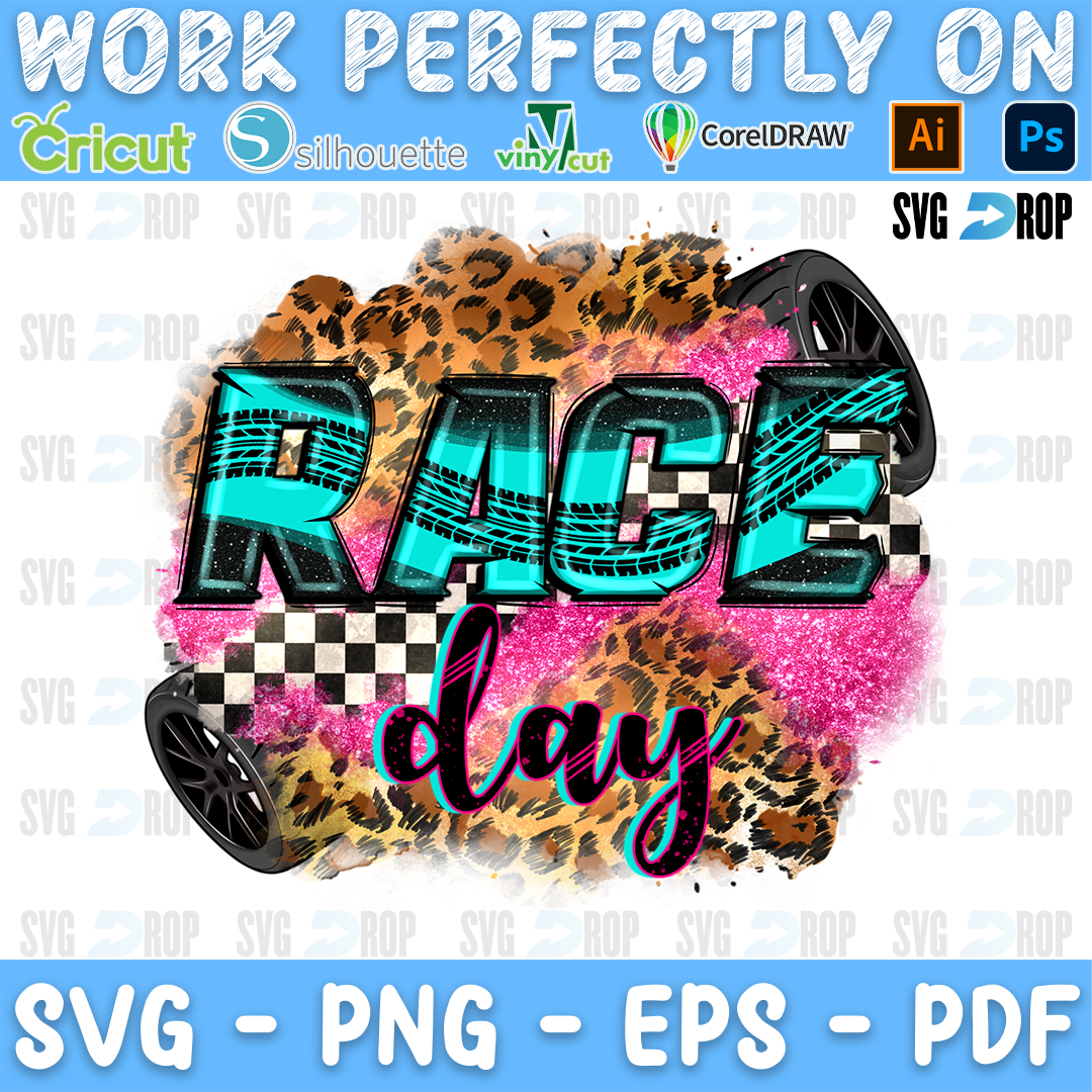 Race Day lettering in turquoise checkered and pink script letters with tires on a leopard and pink glitter splash. Sublimation PNG