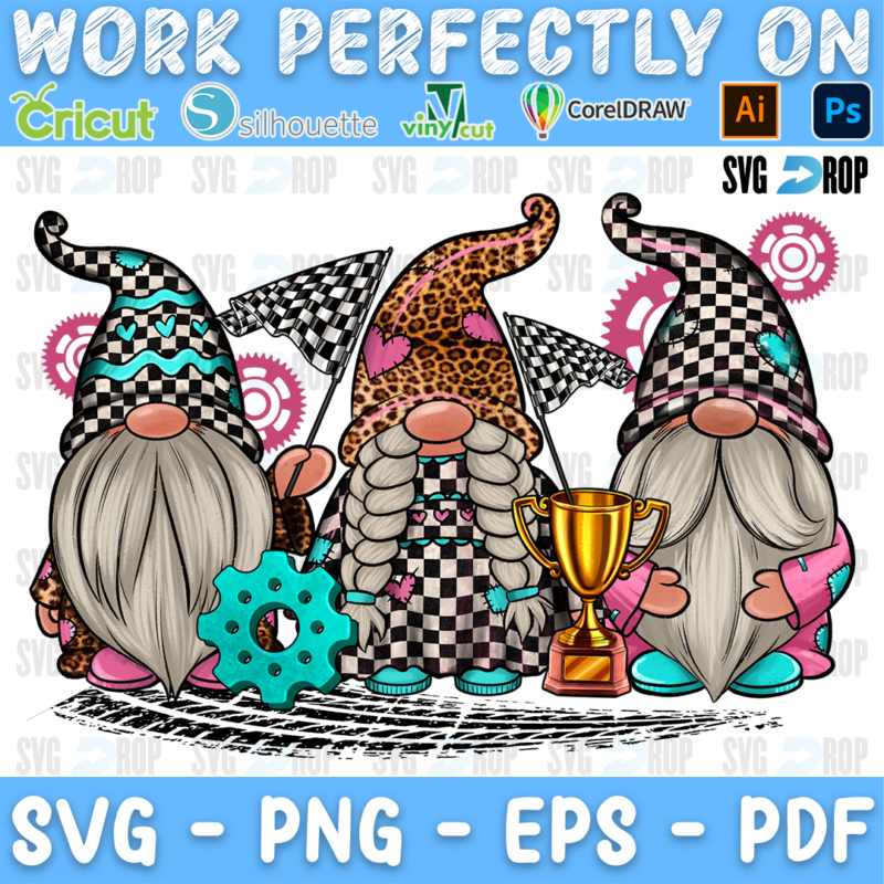 Three racing gnomes in checkered, leopard and turquoise hats with checkered flags, gears and a trophy. Sublimation PNG