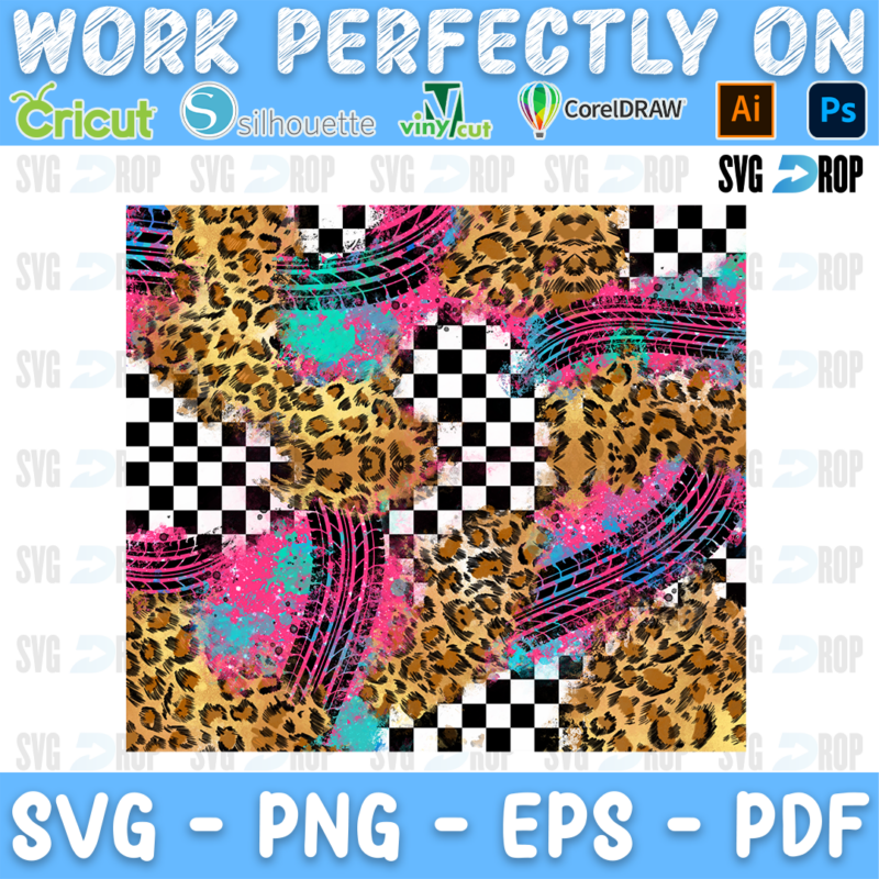 A checkered, leopard, pink and turquoise pattern with tire tracks. Sublimation PNG
